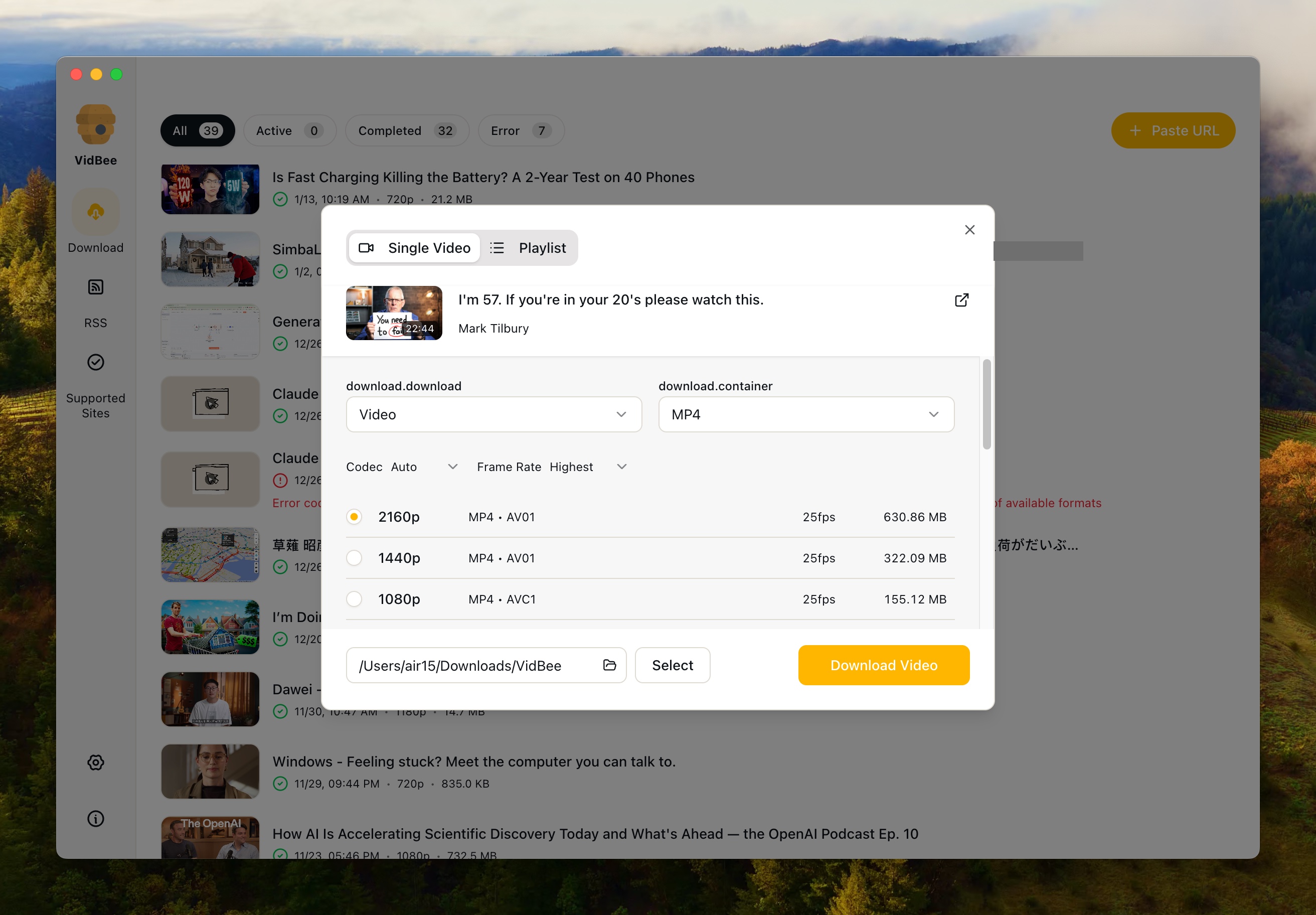 VidBee 新版下载参数选择界面