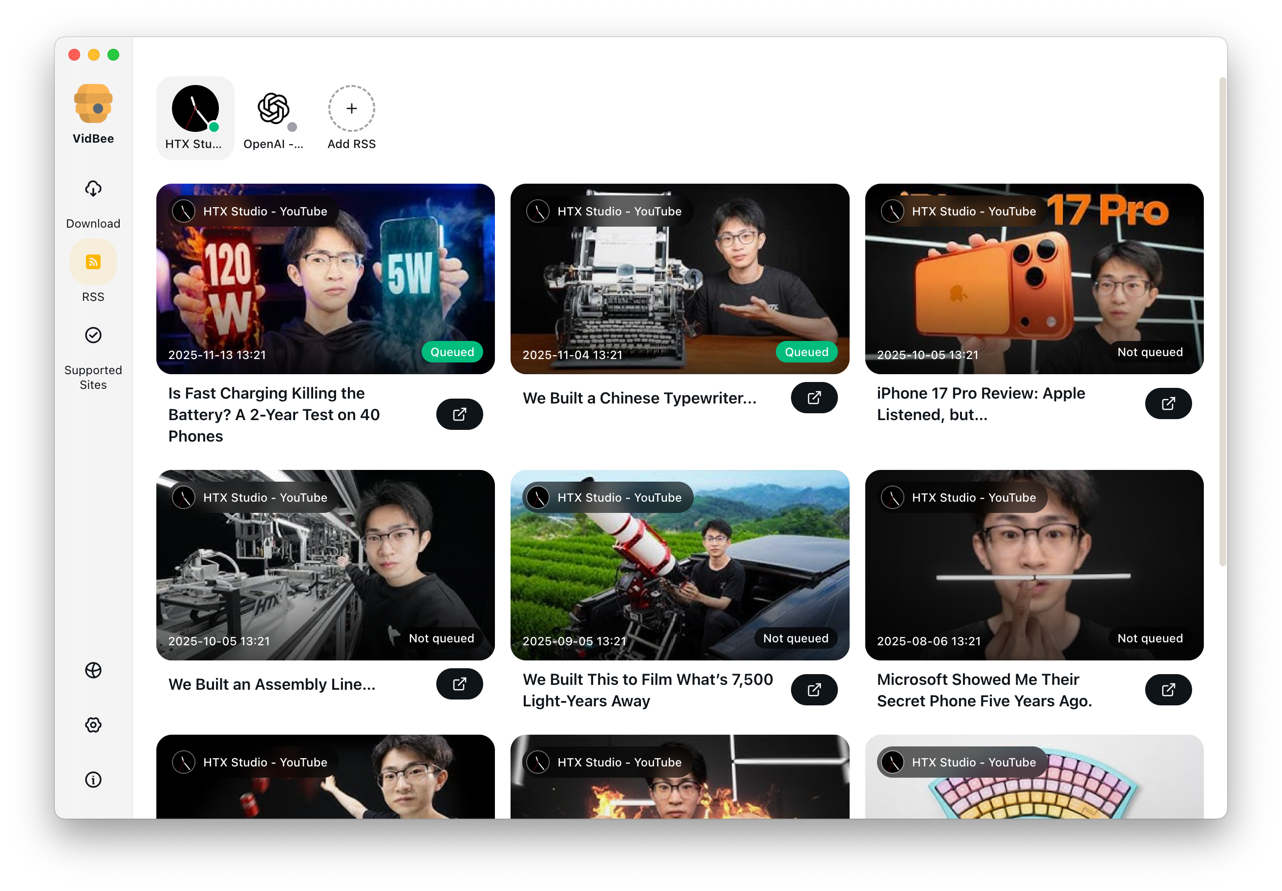 VidBee RSS 自动下载界面