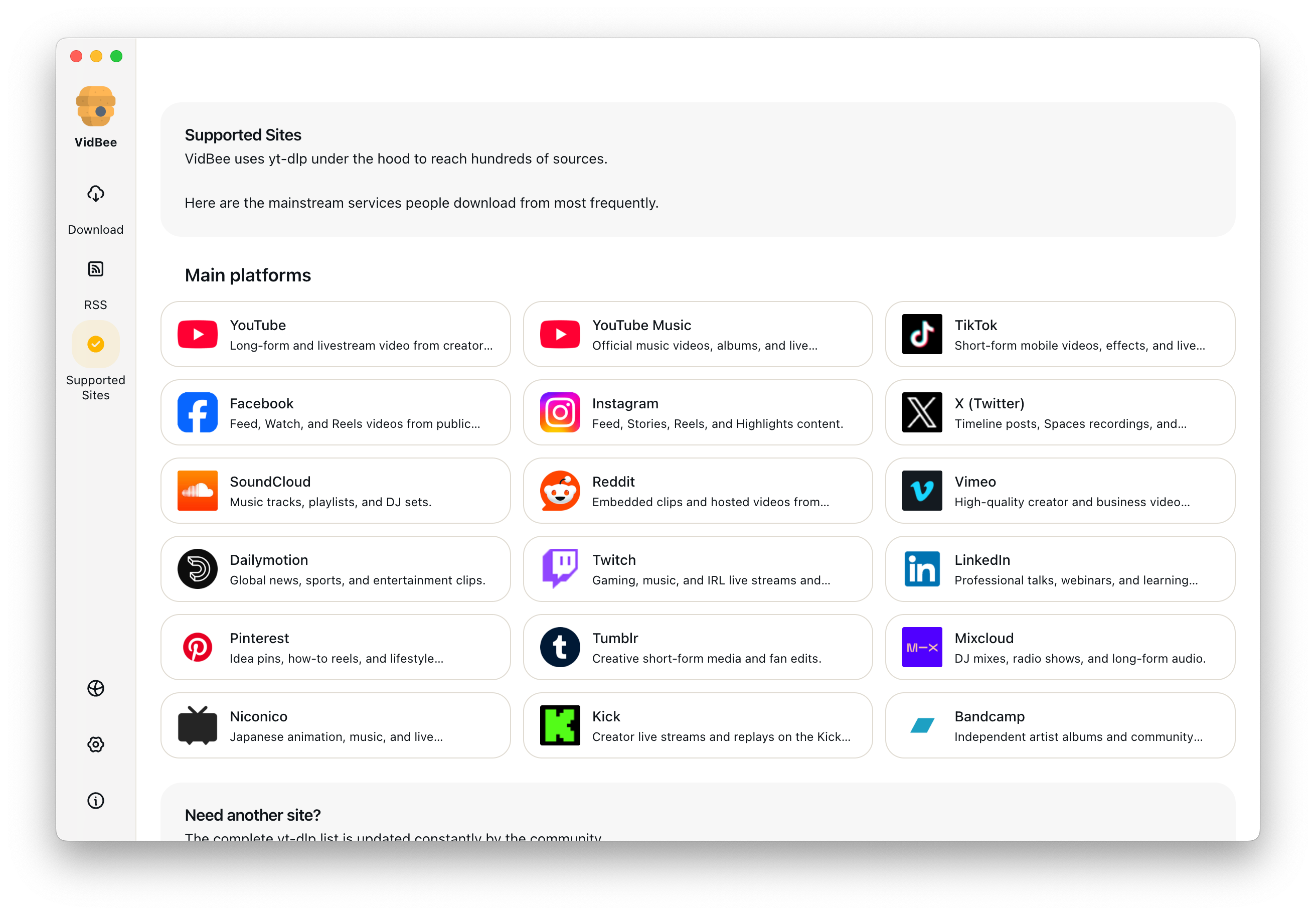 VidBee 下载与支持站点界面